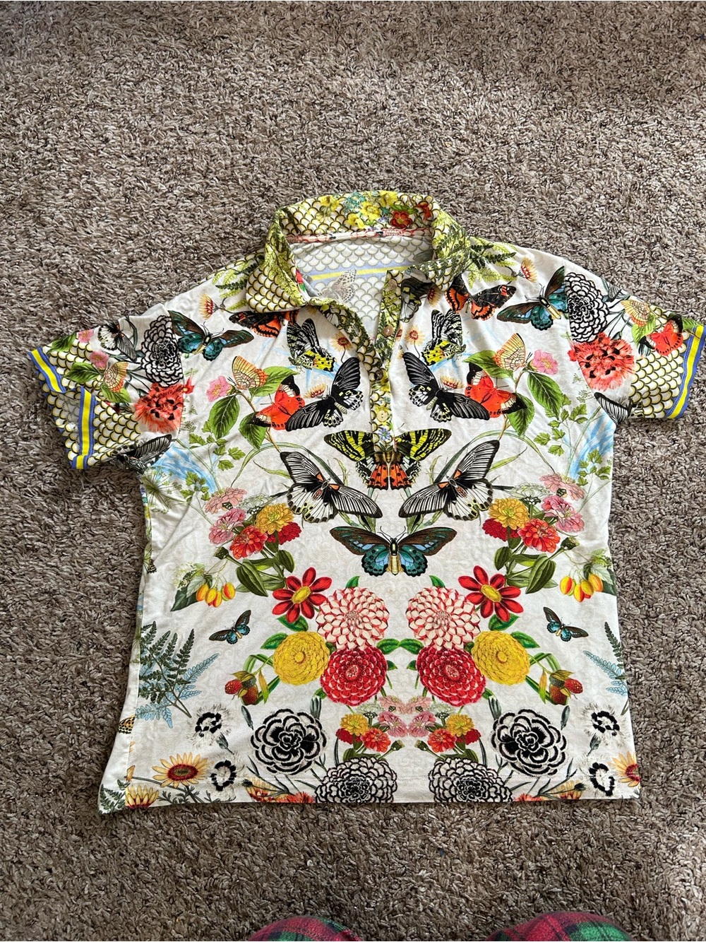 Johnny Was Happy Wings butterfly print silky collared short sleeve polo shirt